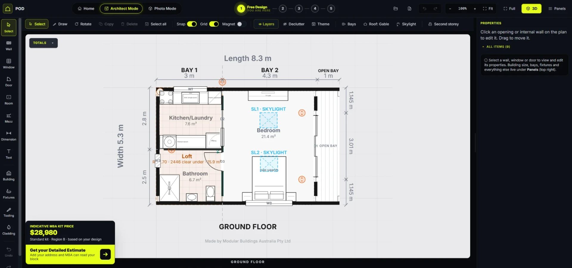 The Shouse Designer workspace in Architect Mode — the Pod’s 8.3 × 5.3 m plan with two bays, an open bay and two skylights