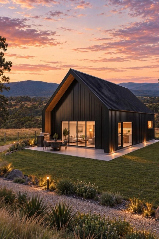 Shed Home #06, a charcoal gable shouse with a timber-lined entry gable, designed in the Shouse Designer and engineered and supplied by MBA
