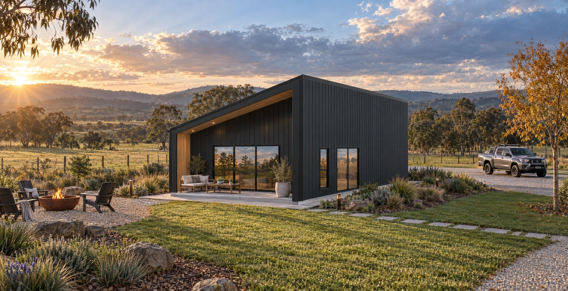 Shed Home #06, a charcoal skillion-roof shouse with a timber-lined front porch, designed in the Shouse Designer and engineered and supplied by MBA