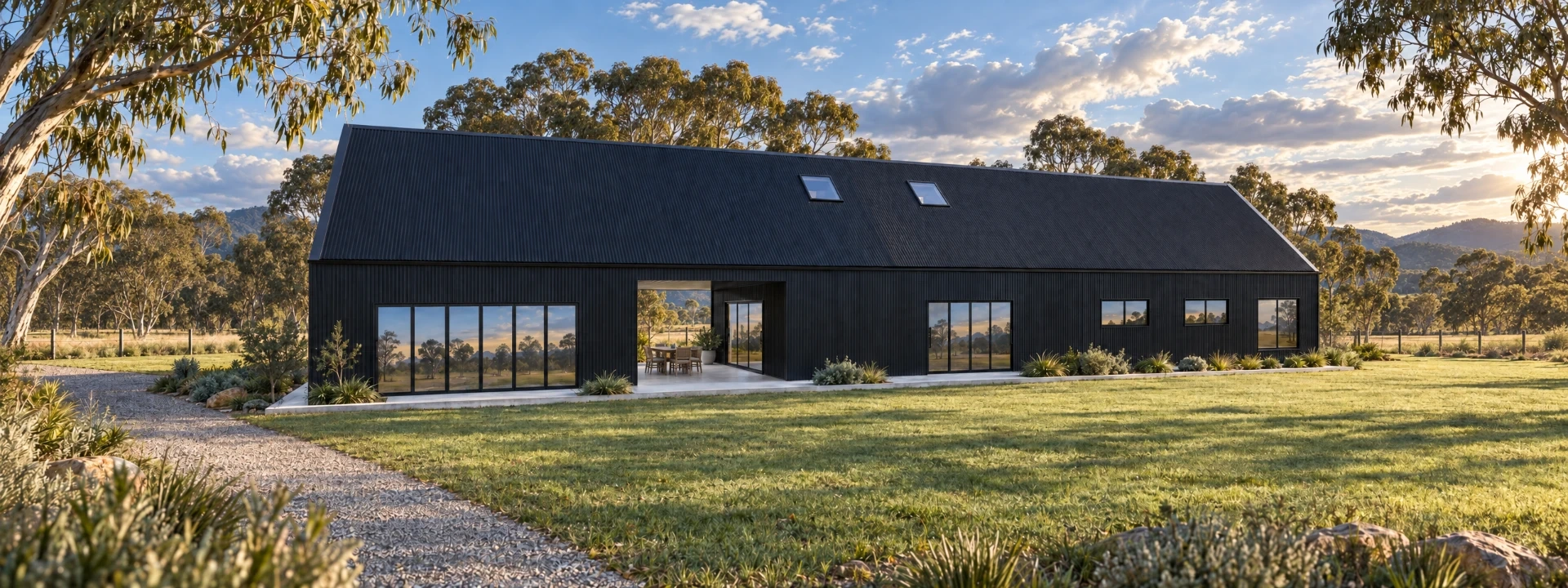 A charcoal corrugated-steel gable shouse with an open breezeway and two roof skylights, on a rural block among gum trees